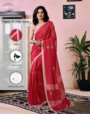 Samah Printed Daily Wear Linen Saree(Red)