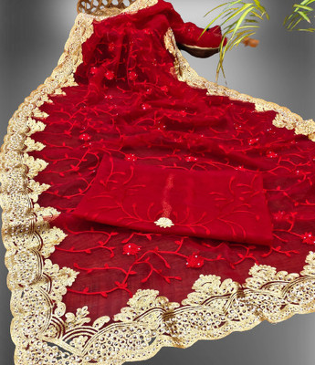 KHRITI FAB Embroidered Bollywood Net Saree(Red)