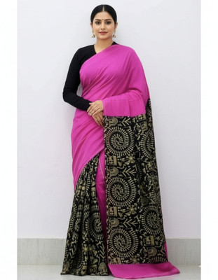 ShivMaya Printed Handloom Pure Cotton Saree(Black, Pink)