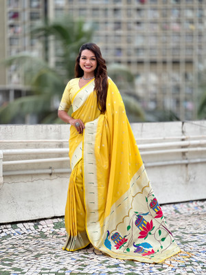 Nayanthara Trends Printed Paithani Silk Blend Saree(Yellow)