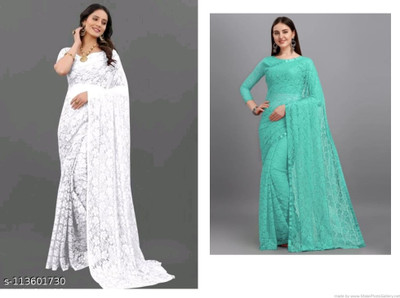 Nilkanthvarni Creation Self Design Bollywood Net Saree(Pack of 2, White, Multicolor)