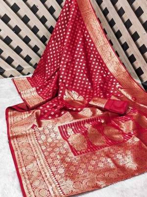 VIRDHI TEXTILE Printed Kanjivaram Silk Blend, Jacquard Saree(Red)