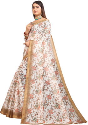 Mervadiya Printed Kanjivaram Pure Cotton, Cotton Linen Saree(Cream)