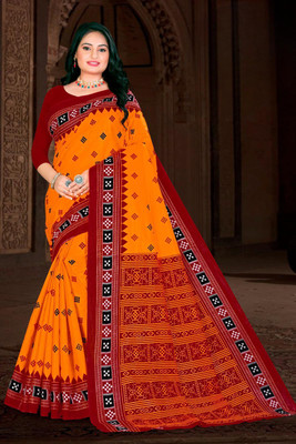 Sumit Textiles Digital Print Sambalpuri Cotton Blend Saree(Orange, Maroon)