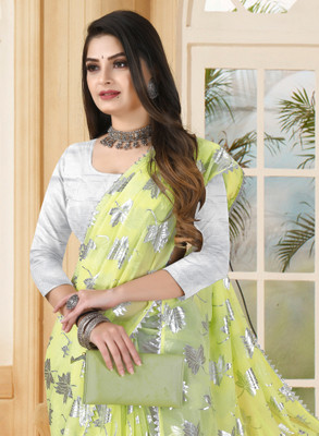 ABRUZZO Printed, Temple Border, Self Design Bollywood Georgette, Chiffon Saree(Yellow)
