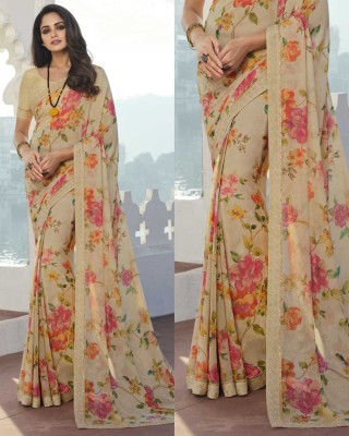 DIKONA DESIGNER Printed, Self Design, Graphic Print, Floral Print, Checkered, Solid/Plain Bollywood Georgette, Chiffon Saree(Cream, Yellow)