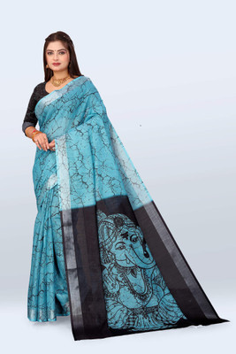 Ethnic Trendz Printed Chanderi Cotton Linen Saree(Blue)