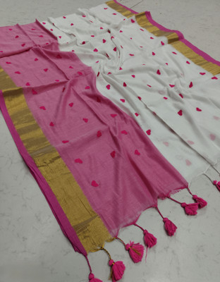 Bhadra Shopping Store Embroidered Handloom Handloom Pure Cotton Saree(White, Pink)