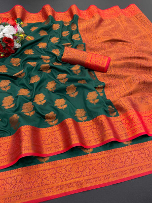 JbWorld Woven, Embroidered, Floral Print Banarasi Cotton Silk, Pure Silk Saree(Green, Red)