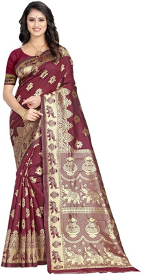 SNH EXPORT Floral Print Banarasi Pure Silk Saree(Maroon)