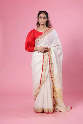 Nayab Stores Printed Bhagalpuri Linen Saree(White)