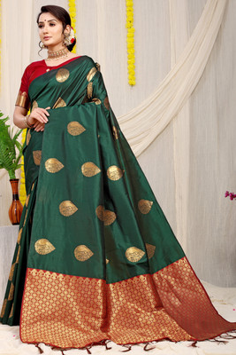 sarjan creation Self Design Kanjivaram Jacquard Saree(Dark Green)