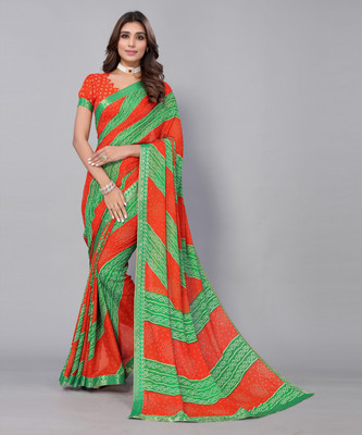 YASHIKA Printed Bollywood Georgette, Lace Saree(Red, Orange)
