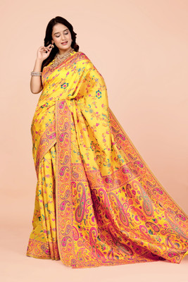 NEZAA EXPORT Woven Kanjivaram Pure Cotton Saree(Yellow)