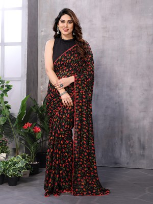 APERA Floral Print Bollywood Georgette Saree(Black)