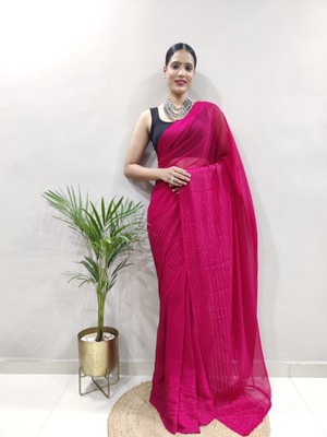 Bansari Textiles Embroidered, Printed, Solid/Plain, Self Design Daily Wear Silk Blend, Georgette Saree(Pink)