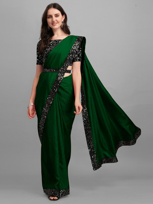 PRISHA SAREES Solid/Plain Bollywood Lycra Blend Saree(Dark Green)