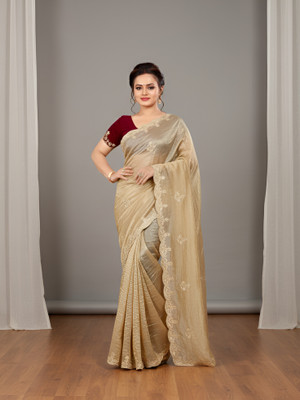 MATESHREE Embroidered, Solid/Plain Bollywood Chiffon Saree(Gold)