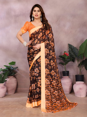 Anand Sarees Floral Print Saree with Attached Blouse Georgette, Satin Saree(Orange, Brown)