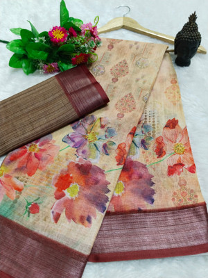 HouseOfCommon Embroidered, Applique Kanjivaram Linen, Cotton Linen Saree(Multicolor)