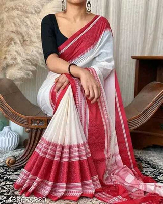 maa textile Striped, Woven Tant Khadi, Cotton Blend Saree(White, Red)