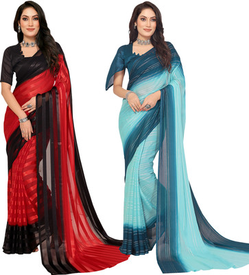 Moda Rapido Self Design, Striped, Ombre Bollywood Satin Saree(Pack of 2, Red, Black)