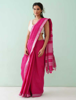 Hatha Karagha Solid/Plain Bhagalpuri Cotton Linen Saree(Pink)
