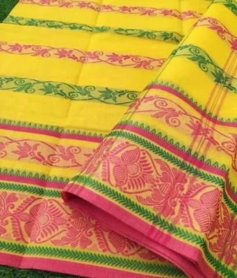 BiswasTextiles Self Design Handloom Pure Cotton Saree(Yellow)