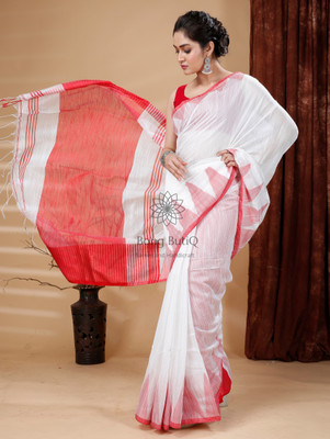 Bong ButiQ Temple Border Handloom Handloom Viscose Rayon Saree(White)
