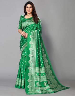 Samah Geometric Print, Printed, Self Design Bhagalpuri Silk Blend, Art Silk Saree(Green, White)