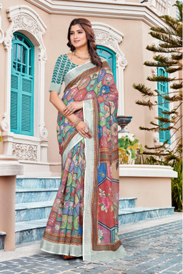 PHEASANT Digital Print Bollywood Cotton Linen Saree(Multicolor)