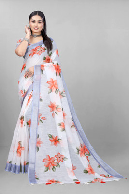 KALPNA CREATION Digital Print Bollywood Cotton Linen Saree(White)