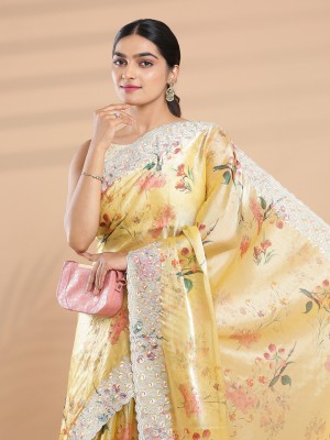 Kalyan Silks Printed Bollywood Organza Saree(Gold)