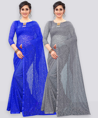 LOROFY Self Design Bollywood Net Saree(Pack of 2, Blue, Grey)