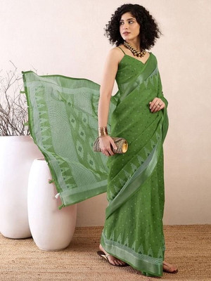Soor Panchi Printed Leheria Cotton Linen Saree(Green)