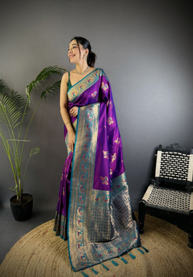 LeeliPeeri Designer Woven, Printed Banarasi Cotton Silk Saree(Purple)