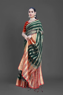 Aarunika BS Solid/Plain Bollywood Organza Saree(Dark Green)