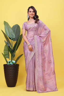 GREENA CREATION Embroidered, Woven, Self Design, Embellished Bollywood Satin Saree(Purple)