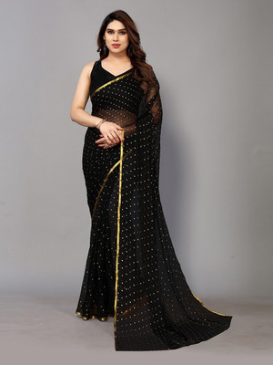 mamtasaree Printed Daily Wear Net, Chiffon Saree(Black, Gold)