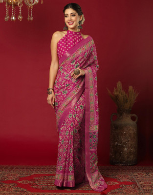 Anmi Printed Patola Chiffon, Georgette Saree(Pink)