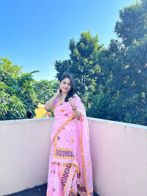 Divine Fabrics Woven Mekhela Chador Pure Cotton Saree(Pink)