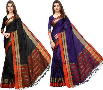 Soor Panchi Solid/Plain, Striped Maheshwari Cotton Silk Saree(Pack of 2, Multicolor)