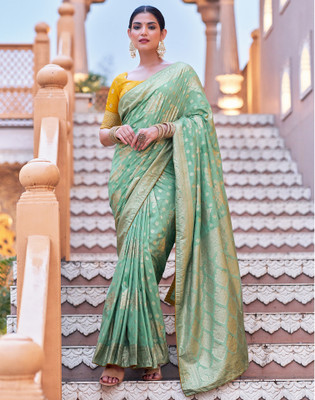 Satrani Dyed, Self Design, Woven Banarasi Silk Blend Saree(Light Green, Gold)