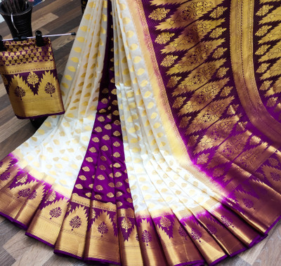 Balaji Dyed Banarasi Nylon Saree(White, Purple)