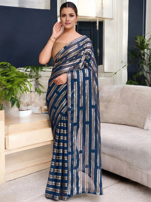 Bluebirdimpex Embellished Bollywood Georgette Saree(Blue)