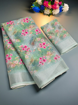 Drujha Digital Print Daily Wear Cotton Linen Saree(Dark Green)