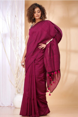 PARTHA BISWAS Solid/Plain Handloom Cotton Blend Saree(Maroon)