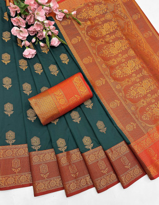 HK Trading Woven, Self Design, Temple Border Banarasi Cotton Silk Saree(Dark Green)