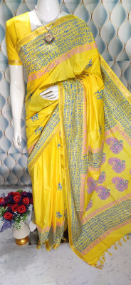 Apparelsnishu Solid/Plain, Color Block Bhagalpuri Silk Blend Saree(Yellow)