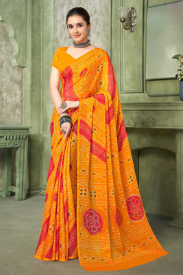SainiVastra Printed Bandhani Chiffon Saree(Yellow)